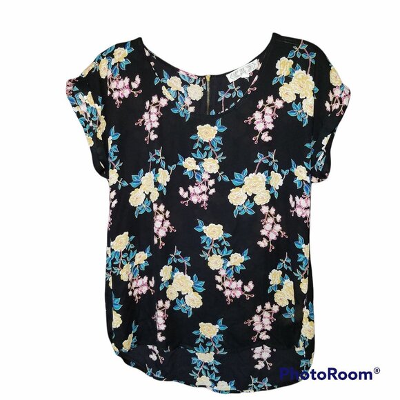 Pink Rose Beautiful Black Yellow Floral Sheer Cap Sleeve Blouse Medium - Picture 2 of 11